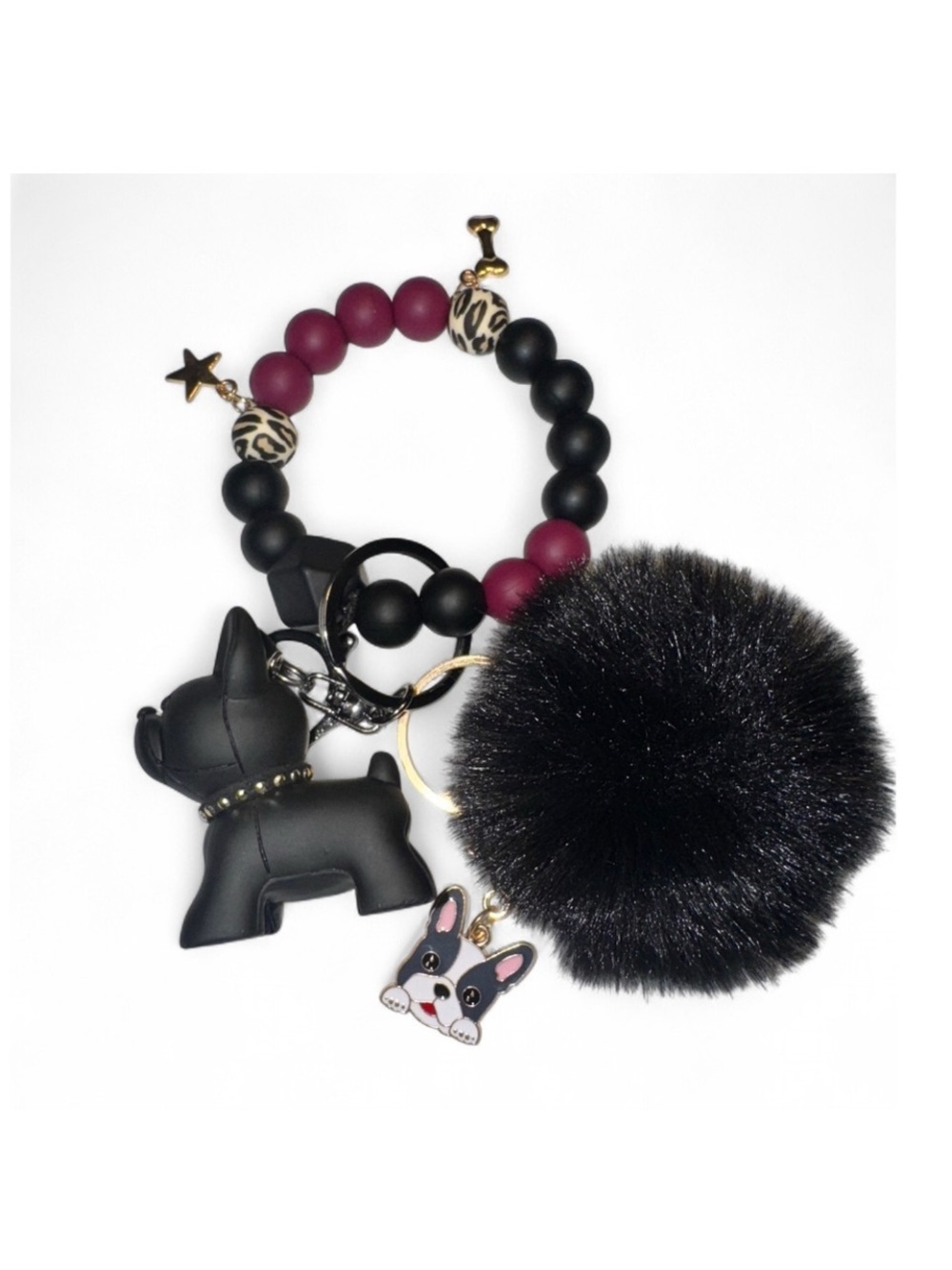 Black & Burgundy Frenchie Pom Pom Beaded Keychain - Picture 6 of 6